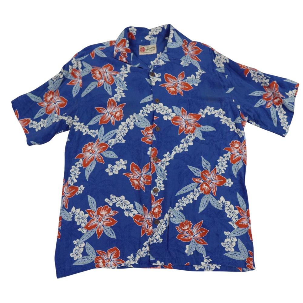 Hilo Hattie Hawaiian Shirt Mens Large Blue Floral Rayon Short Sleeve Aloha